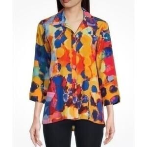 Ali Miles Bright Artsy Dot Print Button Front Tunic Top Blouse Size Large